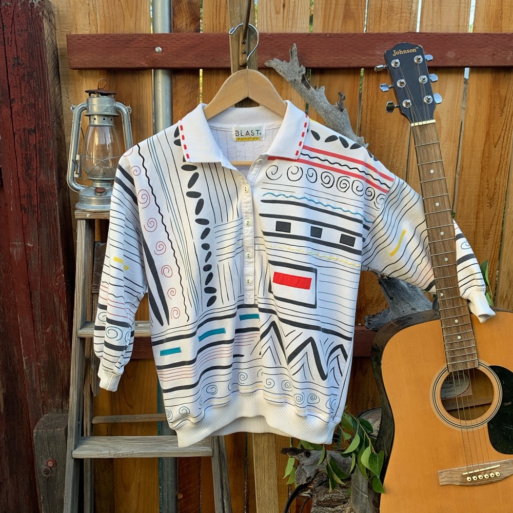 Vintage 80s Geometric Pattern Blast Petites Shirt.